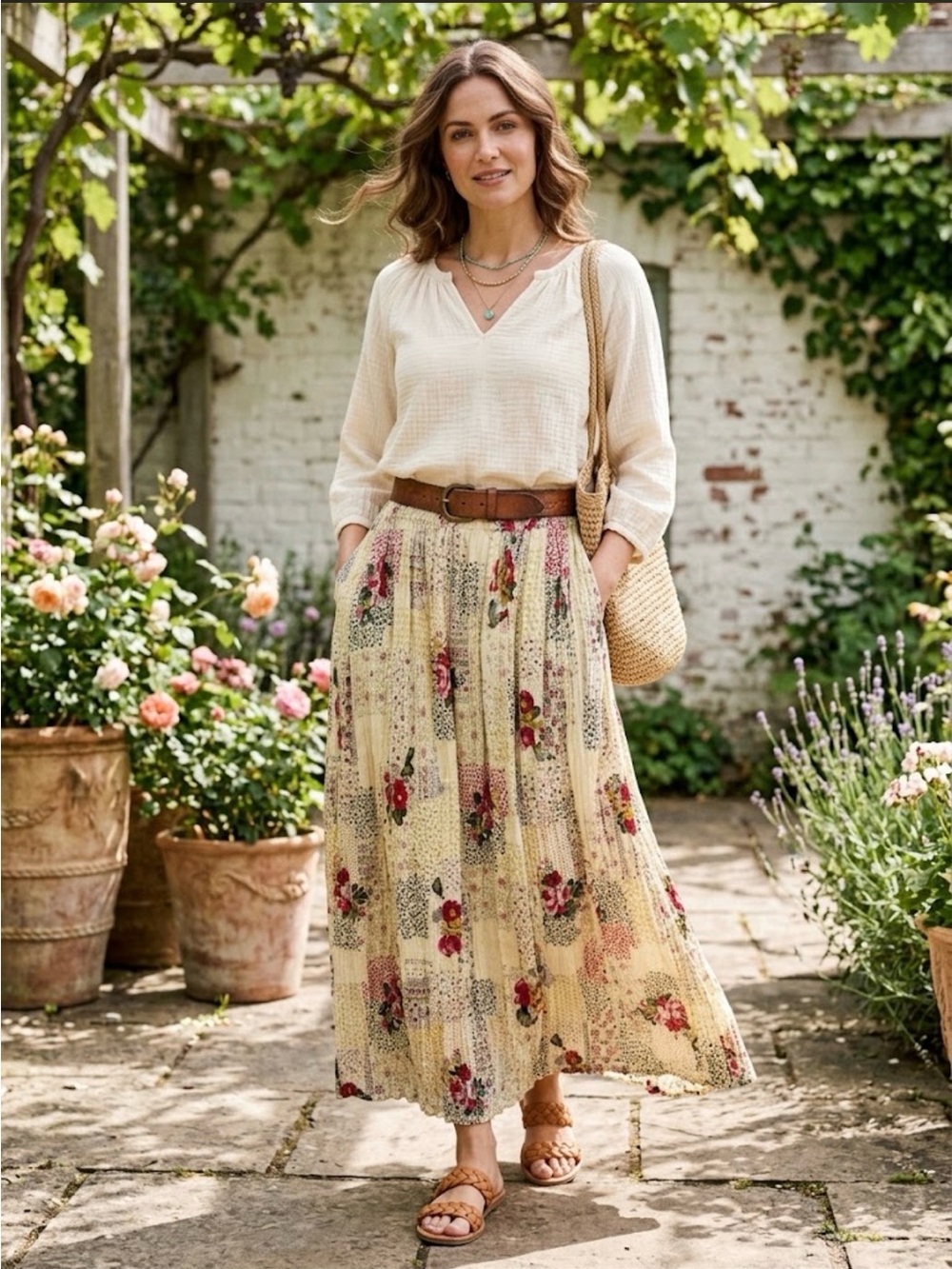 Vintage Newport News Crinkled patchwork Maxi Skirt Flowy Boho Sz XL